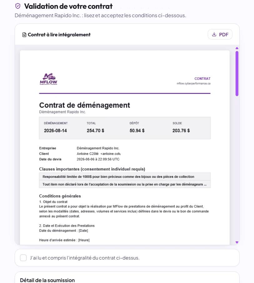 Écran d'acceptation en ligne du contrat, clause par clause