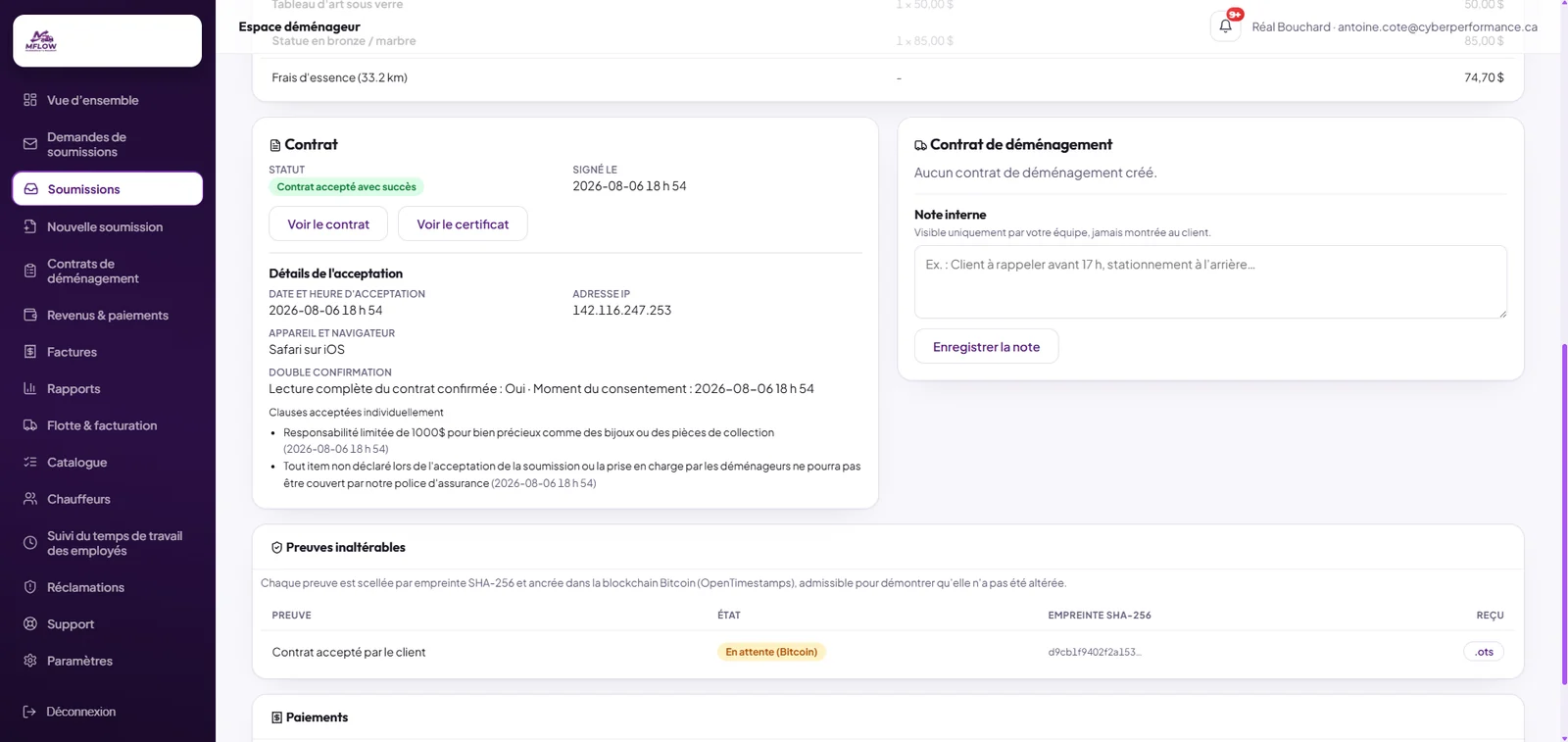 Preuve d'acceptation côté déménageur avec horodatage et adresse IP