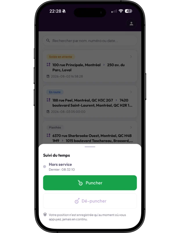 Poinçon géolocalisé du chauffeur depuis l'application