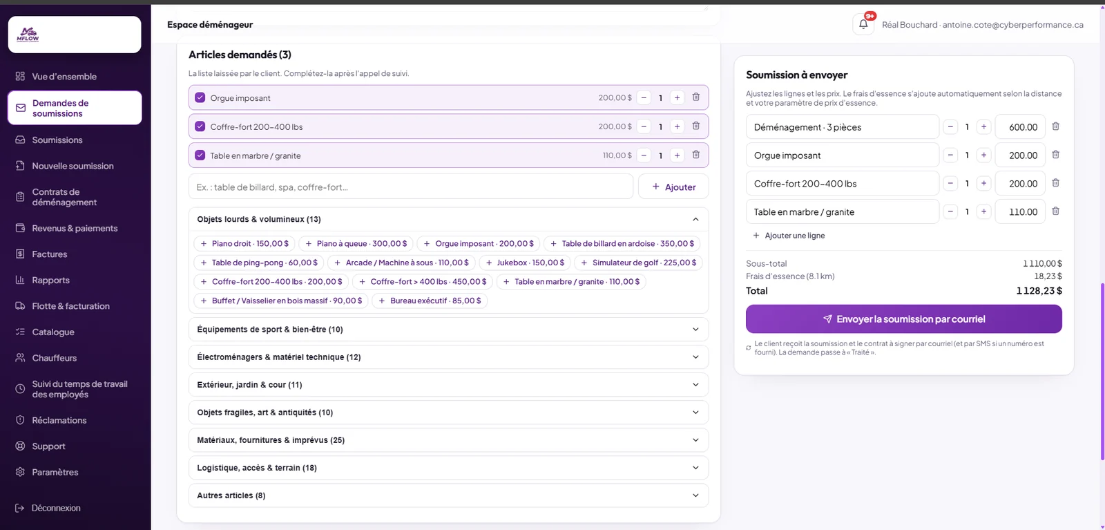 Catalogue des articles avec leurs prix déjà configurés