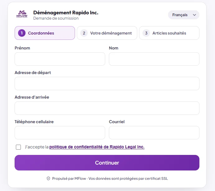 Formulaire de demande de soumission intégré au site du déménageur